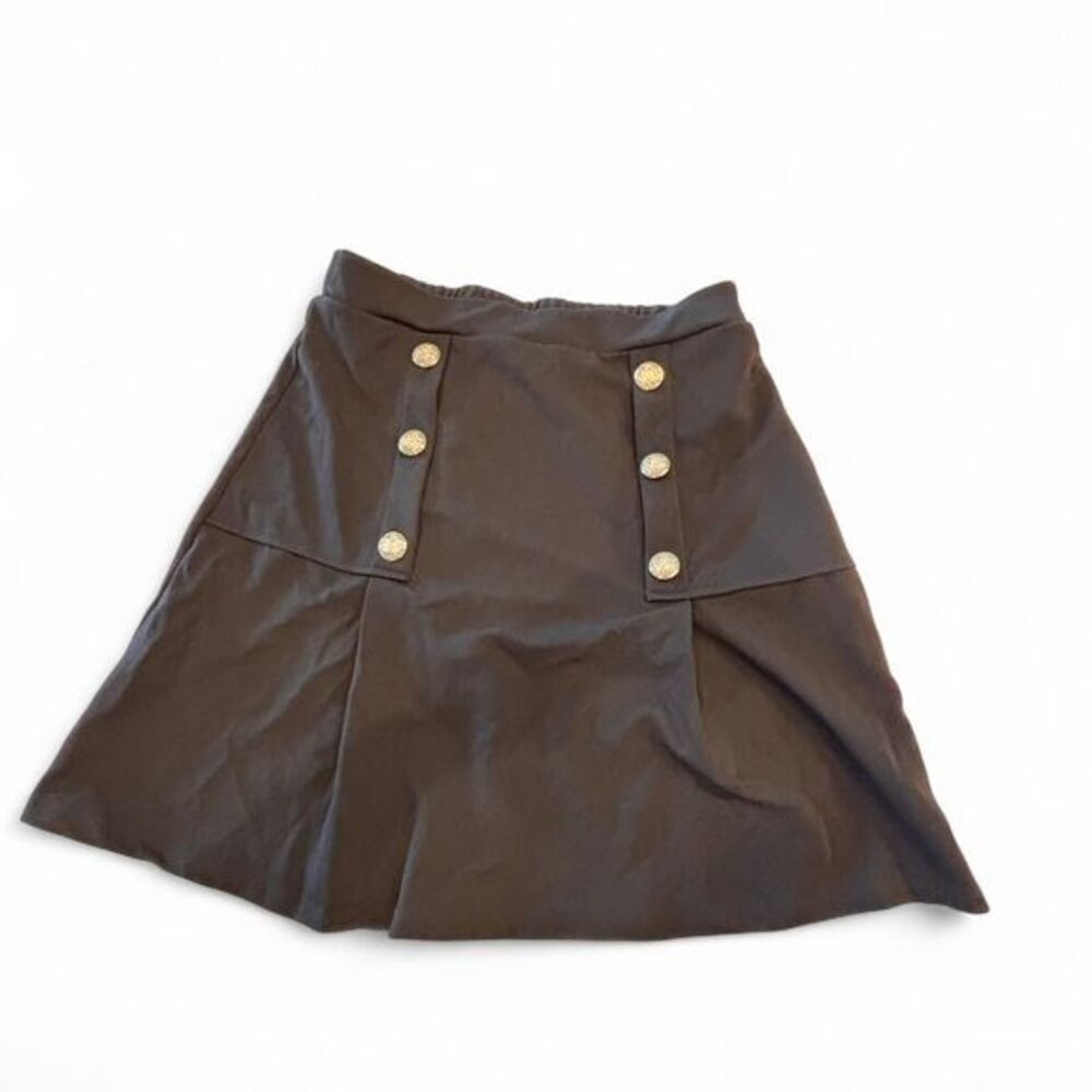 STITCH Collection Black A-Line Mini Skirt Gold Crest Buttons Stretch Size L
